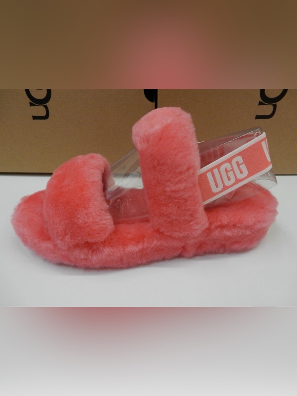 UGG Women  Coral Pink Fluff Slippers with Heel Strap